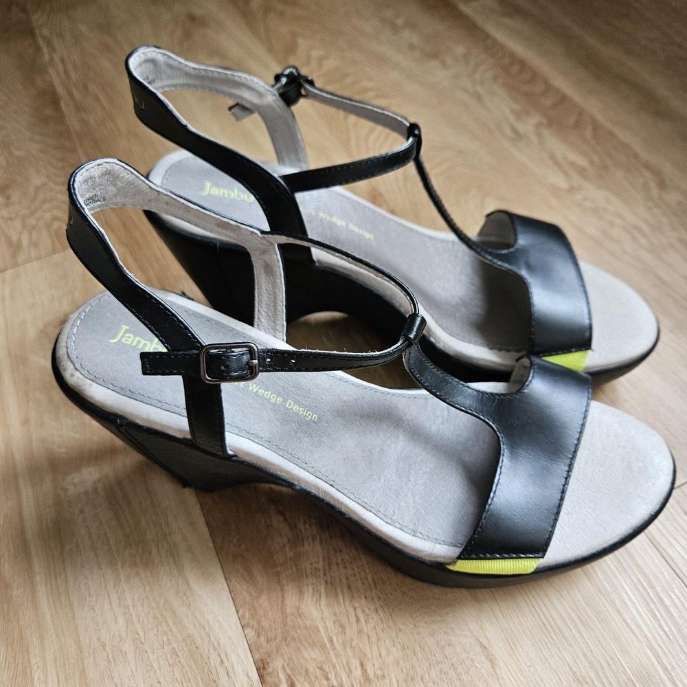 Jambu Glamour Black Leather T-Strap Comfort Wedge Sandals Lime Green Women 8.5